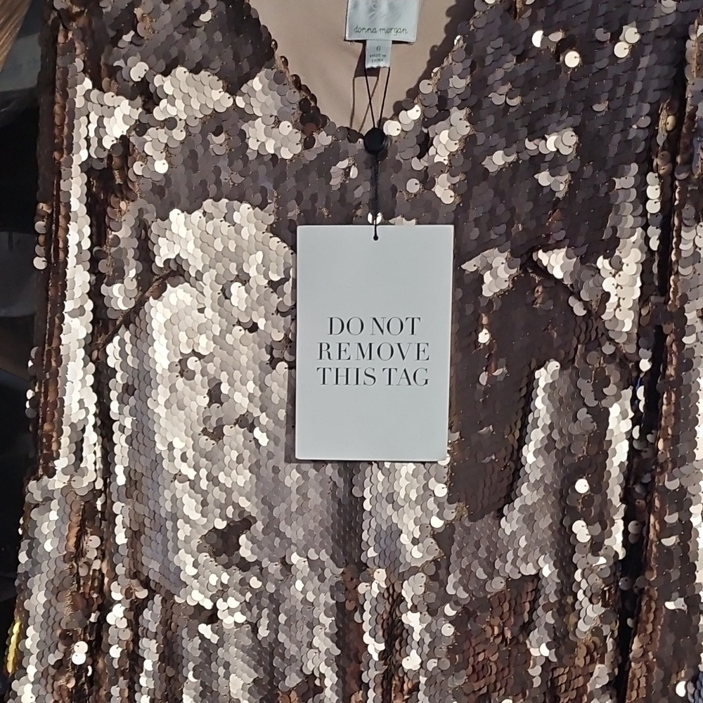 Donna Morgan Shimmering Sequin Midi Dress in Gold and Silver